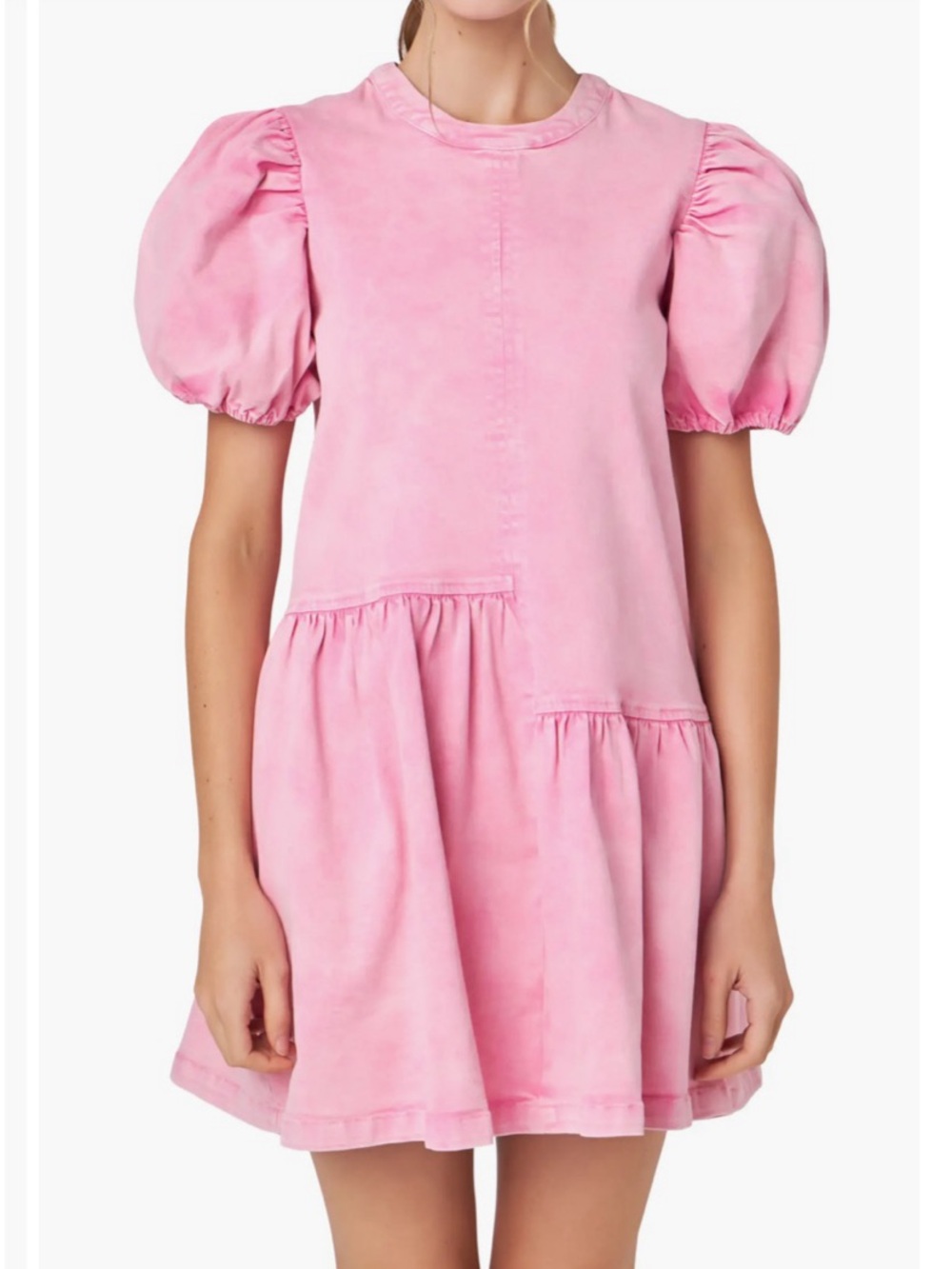 English Factory Puff Sleeve Asymmetrical Denim Drop Waist Minidress Pink Size 2X